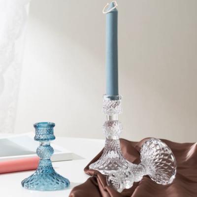 China Blue Depression Tapered Color Glass Candle Holder Pressed Diamond Pattern for sale