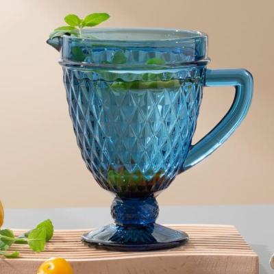 China Blue Lead Free Pressed Glass Pitcher 1100ml 20cm Height Water Carafe With Spout for sale