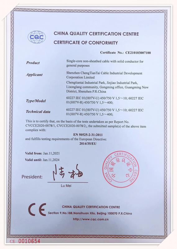 60227 IEC 01 (H07V-U / (H07V-R)) - Shenzhen Chengtiantai Cable Industry Development Co.,Ltd