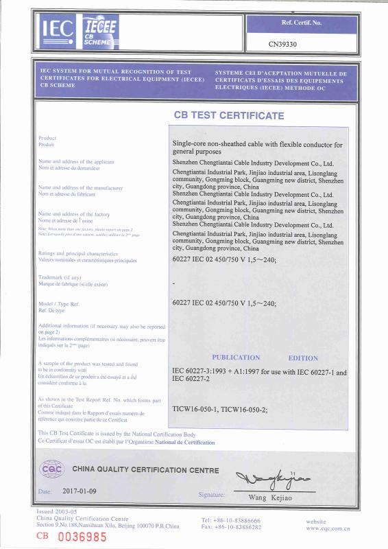 CB test certificate - Shenzhen Chengtiantai Cable Industry Development Co.,Ltd