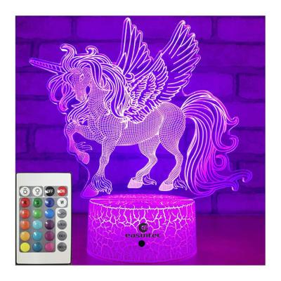 China Onschadelijke Veelkleurige 3D Nacht Lichte Eenhoorn, Praktisch 3D Unicorn Illusion Night Lamp Te koop