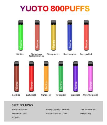 China Yuoto 800 Puffs Vape With 11 Flavors Origal Area 2.5 ML Juice Capacity for sale
