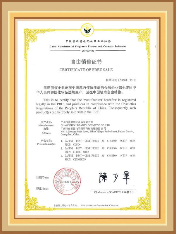 Certificate of Free Sales - WORLD ORAL CARE CENTER