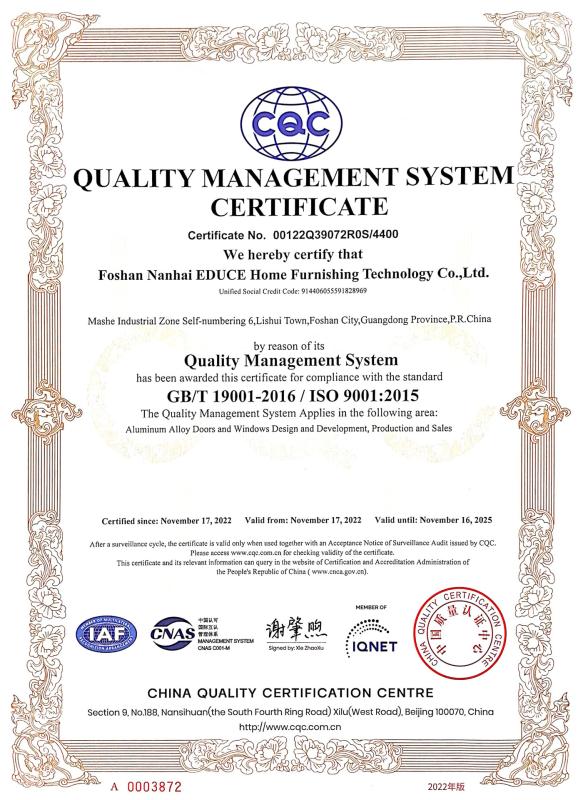 QUALITY MANAGEMENT SYSTEM CERTIFICATE - Foshan Nanhai EDUCE Home Furnishing Technology Co.，Ltd.