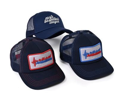 China 100% Polyester Mesh Trucker Caps With Velcro Patch Curved Brim for sale