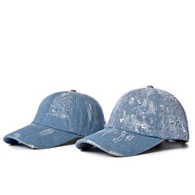 China OEM Blue Denim Fabric Baseball Caps Embroidery 55cm Cotton Twill for sale