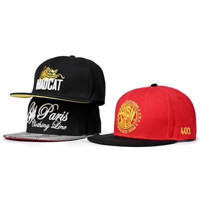 China 100% Acrylic Gold Thread New Era Snapback Caps Embroidery 48cm Flat Leather Brim for sale