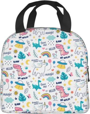China Colorful Doodle Animals Unicorn Dinosaur Ufo Reusable Insulated Lunch Bag For Women Men Waterproof Tote Lunch Box for sale