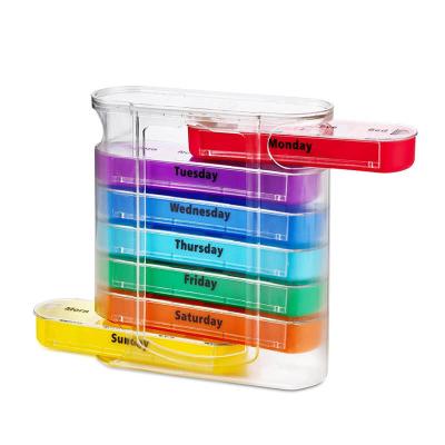 China Hot Selling Travel-Sized 28-Day 4-Time Pill Organizer Rainbow PS Plastic Medicine Container Weekly Pill Storage Cases for sale