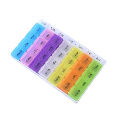 China Cheap factory price Pill box 7 days a week 28 grid portable small medicine box without lid for sale