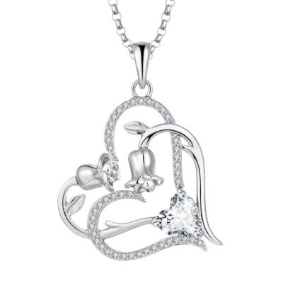 China YASVITTI OEM Women Gift Heart to Heart Necklace Zirconia Rhodium Plated Sweet 925 Sterling Silver Double Heart Necklace for sale