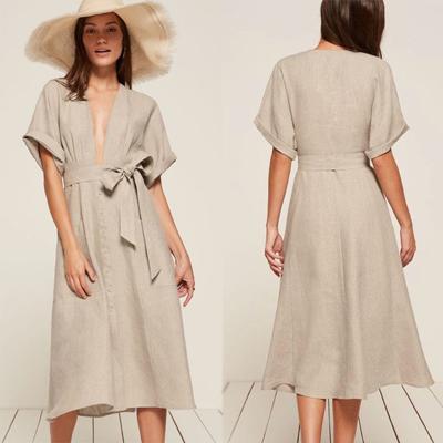China Decote em V boêmio Maxi Linen Dress do estilo do quimono das mulheres da roupa à venda