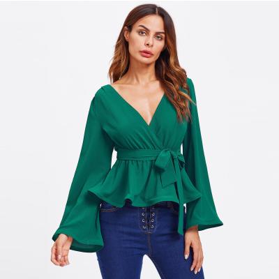 China Bell Sleeve Wrap Blouse with Deep V Neck for sale