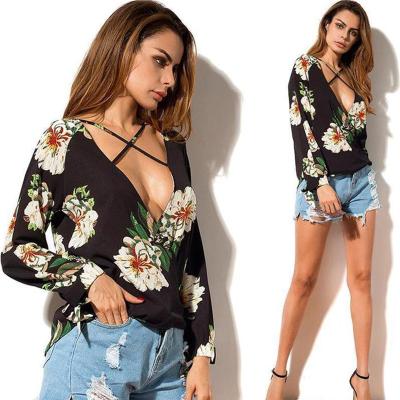 China Women Low Neck Floral Chiffon Long Sleeve Top for sale
