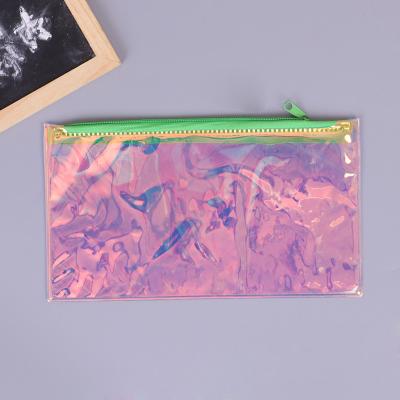 China Pencil Makeup Holographic Zip Pouch Bag 3 Sides Seal Pouch See Through Plastic for sale