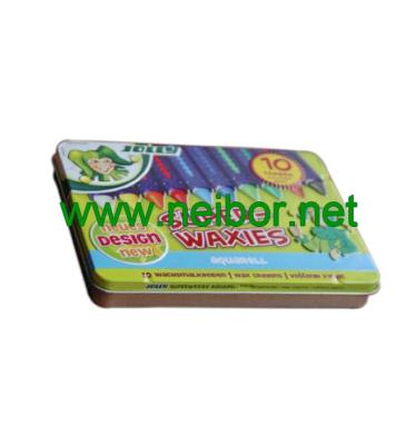 China 10pcs wax crayons packaging tin box with plastic tray and hinged lid en venta