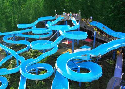 China Bright Blue Fiberglass Open Spiral Slide Adult Swimming Pool Equipment for sale