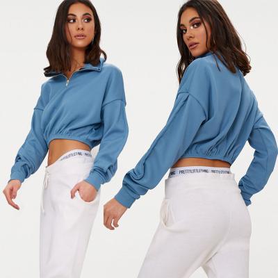 China Zip front crop sweater long sleeves blue for sale