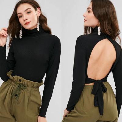 China Blank Open Back Long Sleeve Ribbed Turtleneck Crop Top for sale