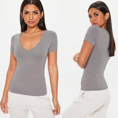 China Grey V Neck Fitted T Shirt Clothing Women for sale