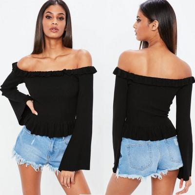 China Spring Black Frill Knit Woman Crop Top Clothing Tops for sale