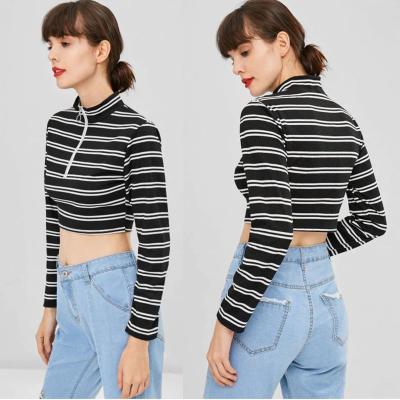 China Trendy Women Clothing Stripe Long Sleeve O Ring Zip Crop Tee Top for sale