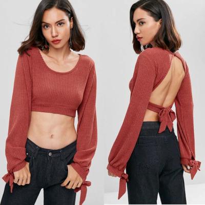China Open Back Knotted Cut Out Long Sleeve Knit Top Women for sale