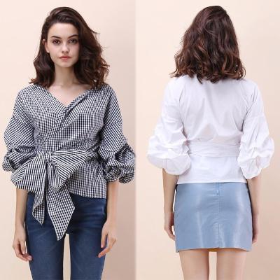 China Fall Clothing Blouse Ladies Gingham Tops Women Wrap Top for sale