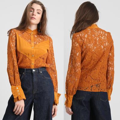 China 2019 Fall Apparel for Women New Arrival Lace Brown Long Sleeve Blouse Tops for sale