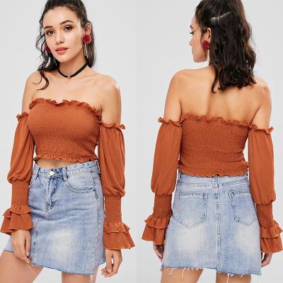 China Off The Shoulder Ladies Ruffle Long Sleeve louses Shoulder Off Smocked Crop top for Women for sale