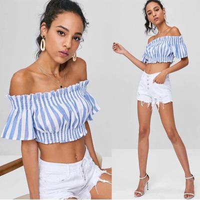 China Apparel Womens Striped Off Shoulder Cropped Top for sale