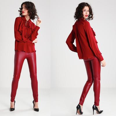 China New Arrival Elegant Red Woman Autumn Long Sleeve Low V-neck Blouse and Ladies Shirt for sale