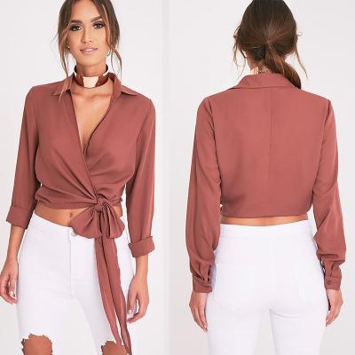 China Latest Fashion Ladies Wrap Blouse With Tie for sale