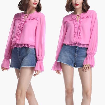 China Women Fashionable Long Sleeve Pink Blouse With Ruffles for sale