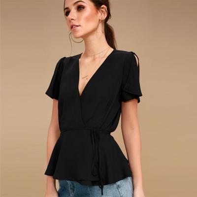 China Modesty V Neck Fashion Black Women Top With Plunging Neckline for sale