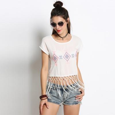 China tops for women 2016 Women Round Neck Embroidery Tassel Blouse Crop Tops for sale