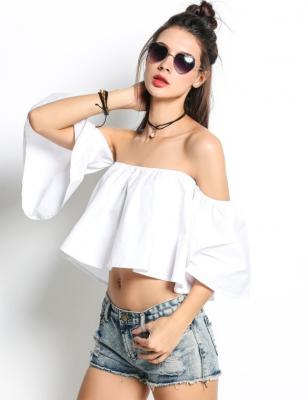 China Ladies Tops Latest Design Women Off Shoulder Flare Sleeve Ruffles Solid Crop Tops for sale