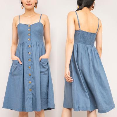 China Summer chambray midi linen dress with a fit & flare silhouette and a button up front for sale