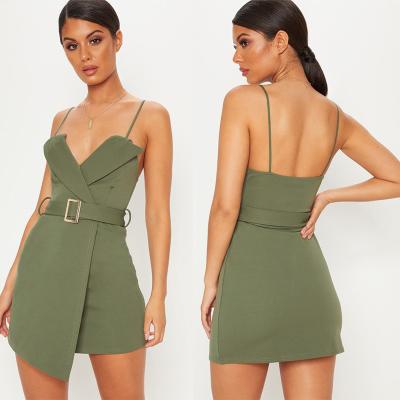 China Women Khaki Tux Detail Belted Wrap Bodycon Dress With Spaghetti Strap for sale