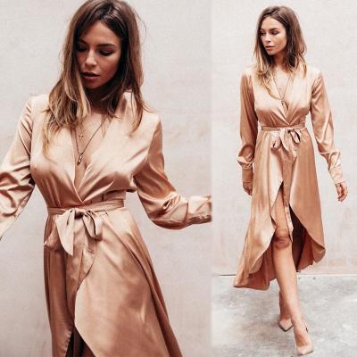 China Fall Women Clothing Sexy Deep V Neck Satin Wrap Dress for sale