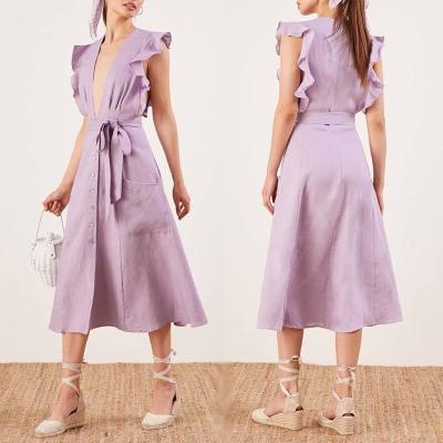 China Clothing Fashion Women Ruffle Shoulder Midi Linen Dress Ladies for sale