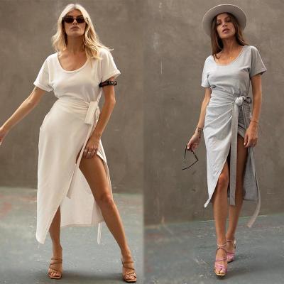 China Clothing Fashion Women White T-shirt Wrap Midi Dress with Slit for sale