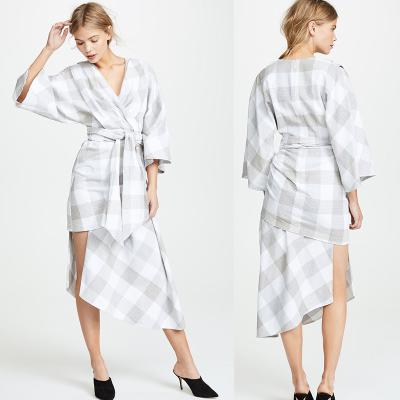China Fall Clothing Plus Size Gingham Kimono Style Wrap Dress For Women for sale