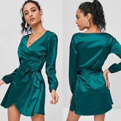 China 2018 Fashion Fall Clothing Women Satin Wrap Dress Long Sleeve Mini for sale