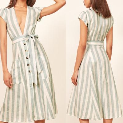 China Boho Ladies Sex Linen Stripe Midi Dresses With Pocket Dress for Women for sale