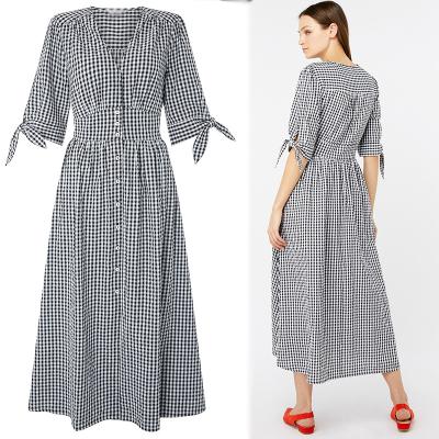 China Black and White Gingham Midi Dress Summer Ladies for sale