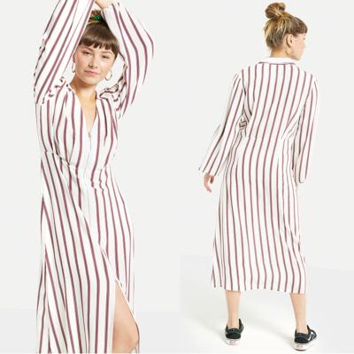 China 2018 New Arrival Fall Long Sleeve White and Red Striped Zip Front Sex V neck Midi Dress Ladies Autumn for sale