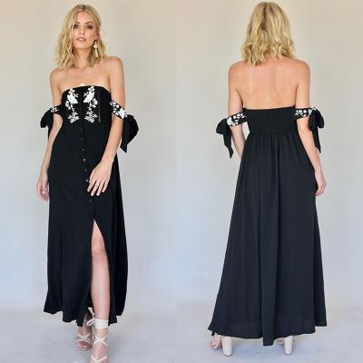 China New Boho Off Shoulder Summer Backless Maxi Dresses With Tie Up Sleeves for sale