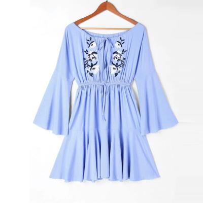 China Blue Off Shoulder Mexican Embroidery Beach Casual Dress Women for sale