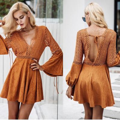 China New Design Women Long Sleeve Hollow Out Dress in Causal Dresses Mini Sexi for sale